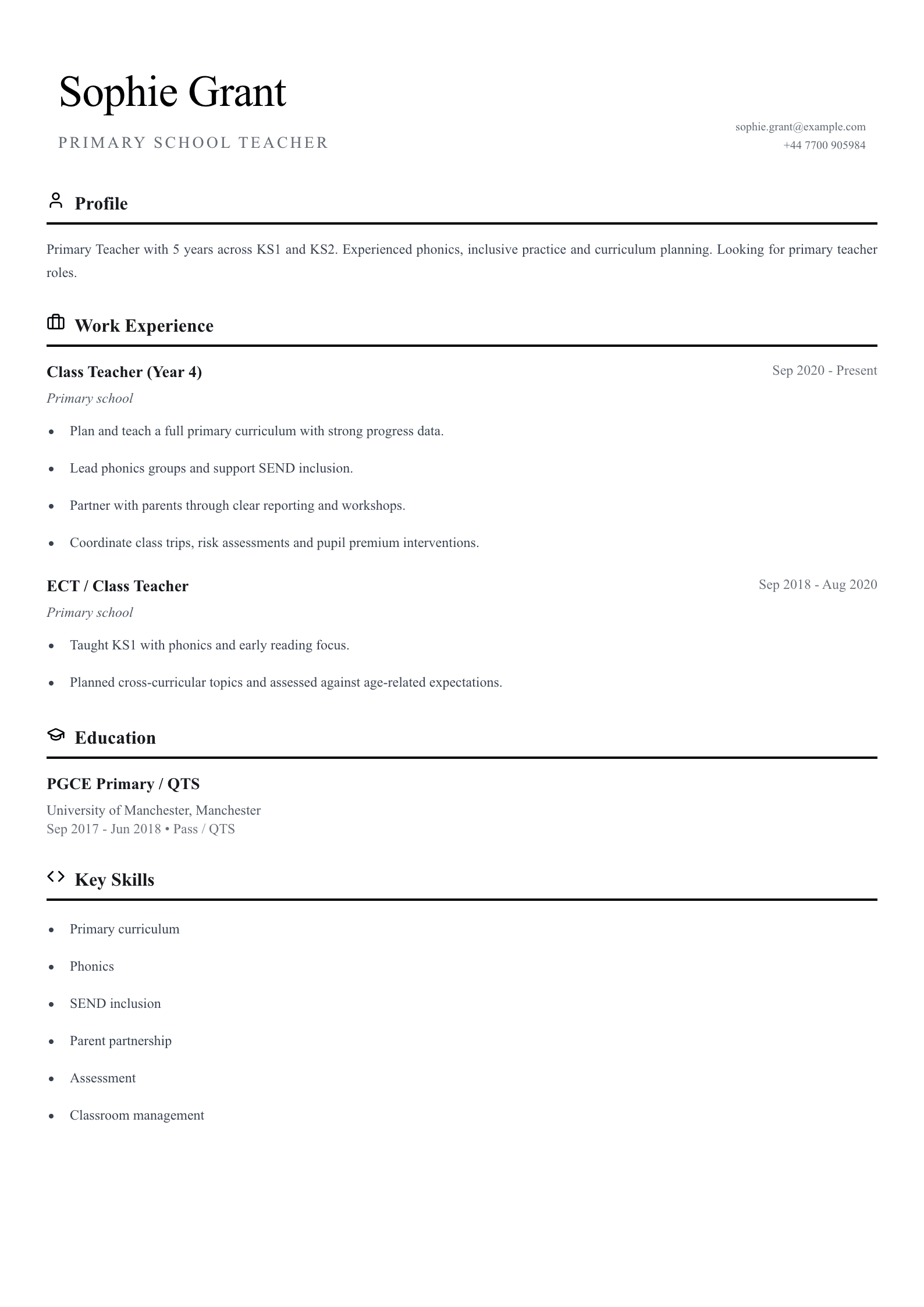 primary school teacher cv template