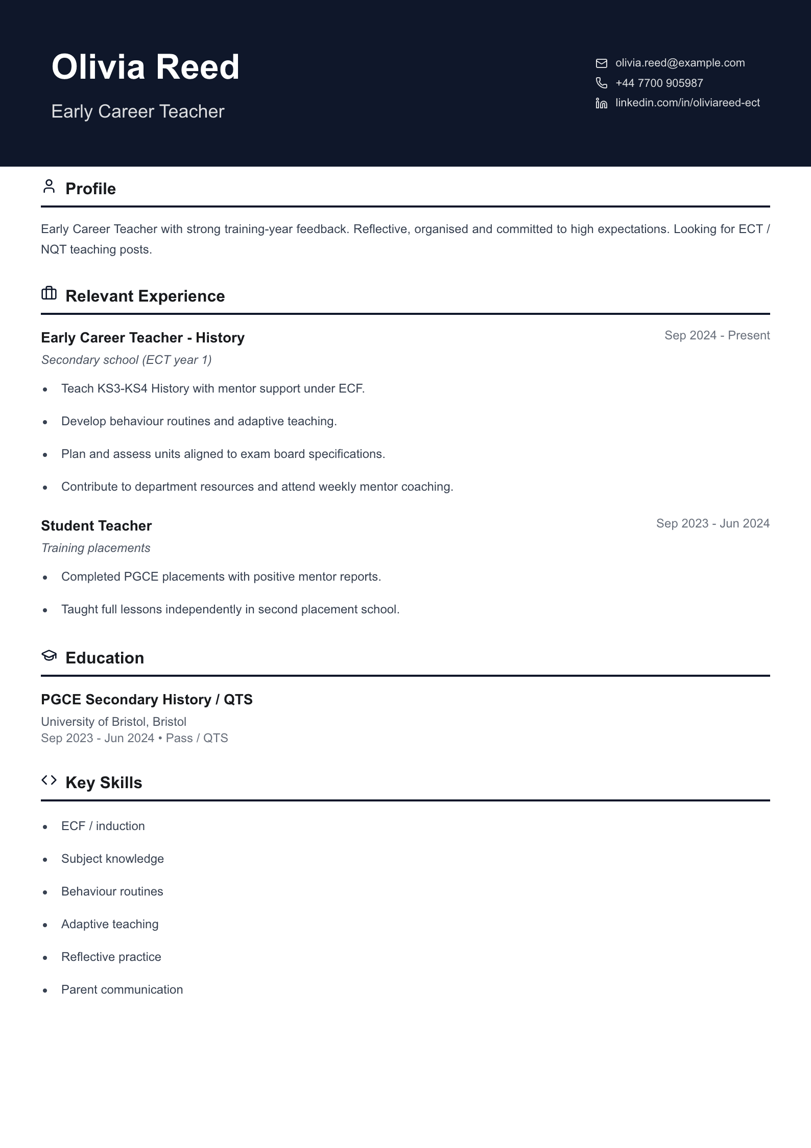 early career teacher cv template