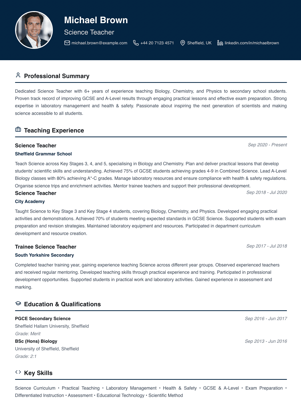 free teacher cv template science professional