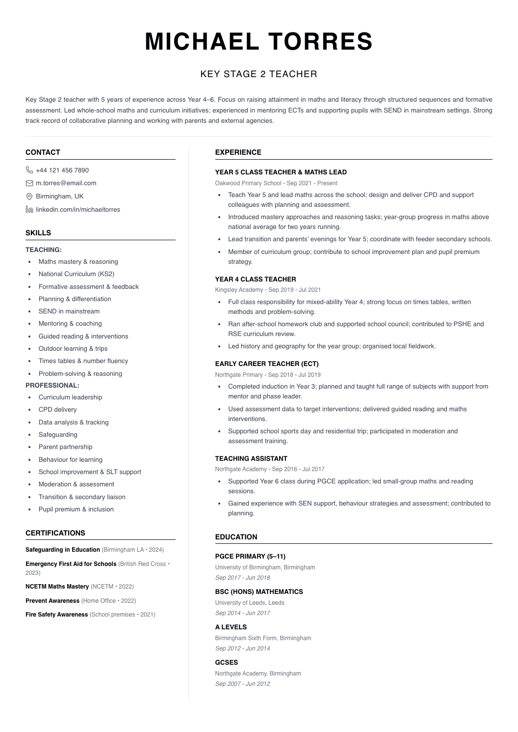 Teacher CV template - Two Column