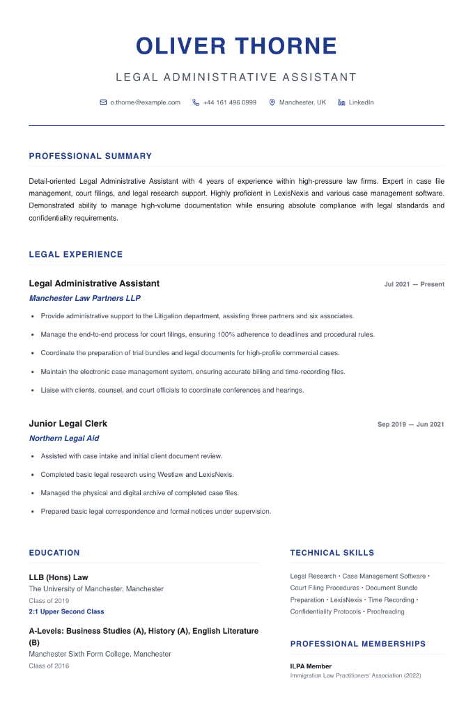 legal admin assistant cv template