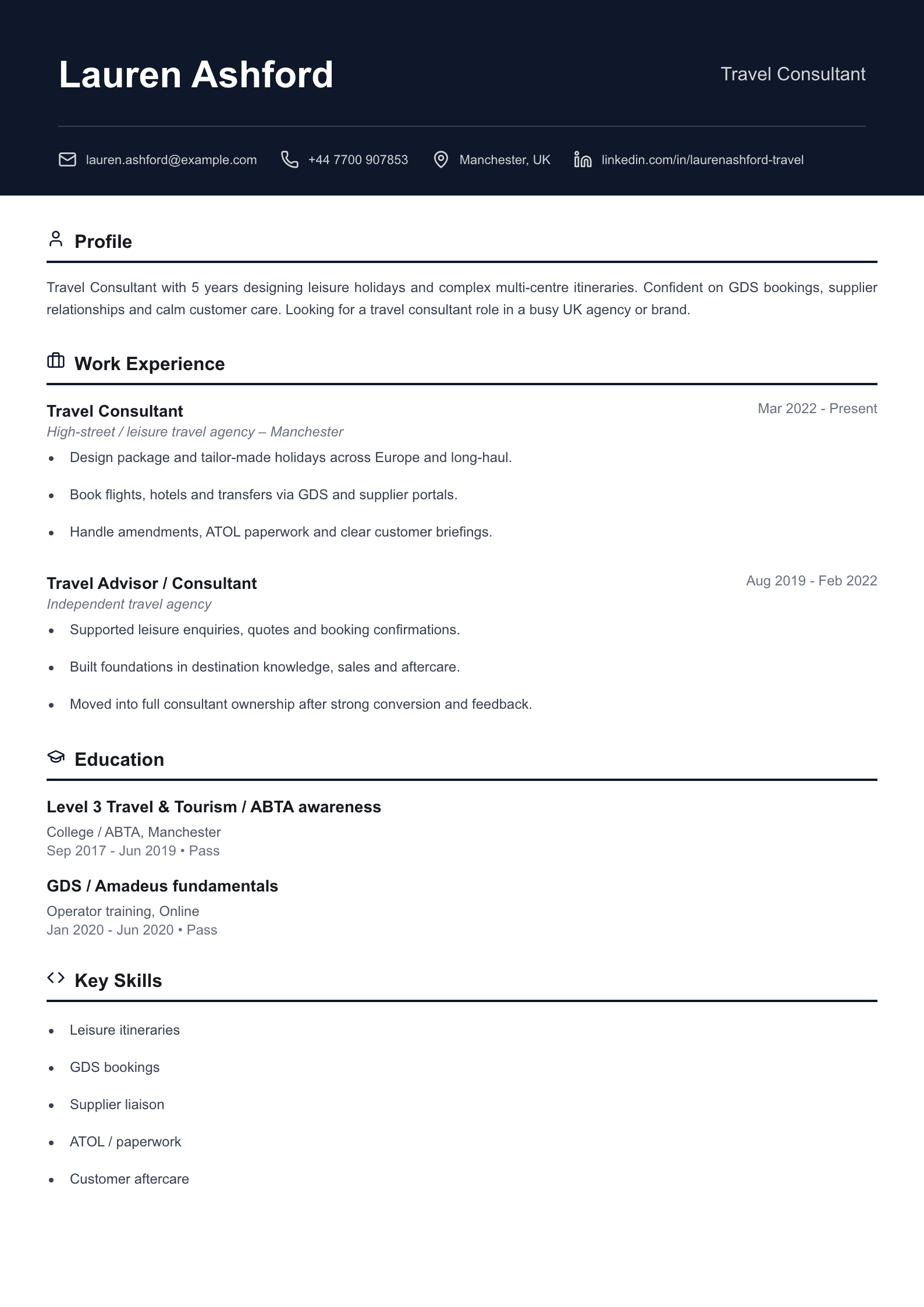 Travel consultant CV template