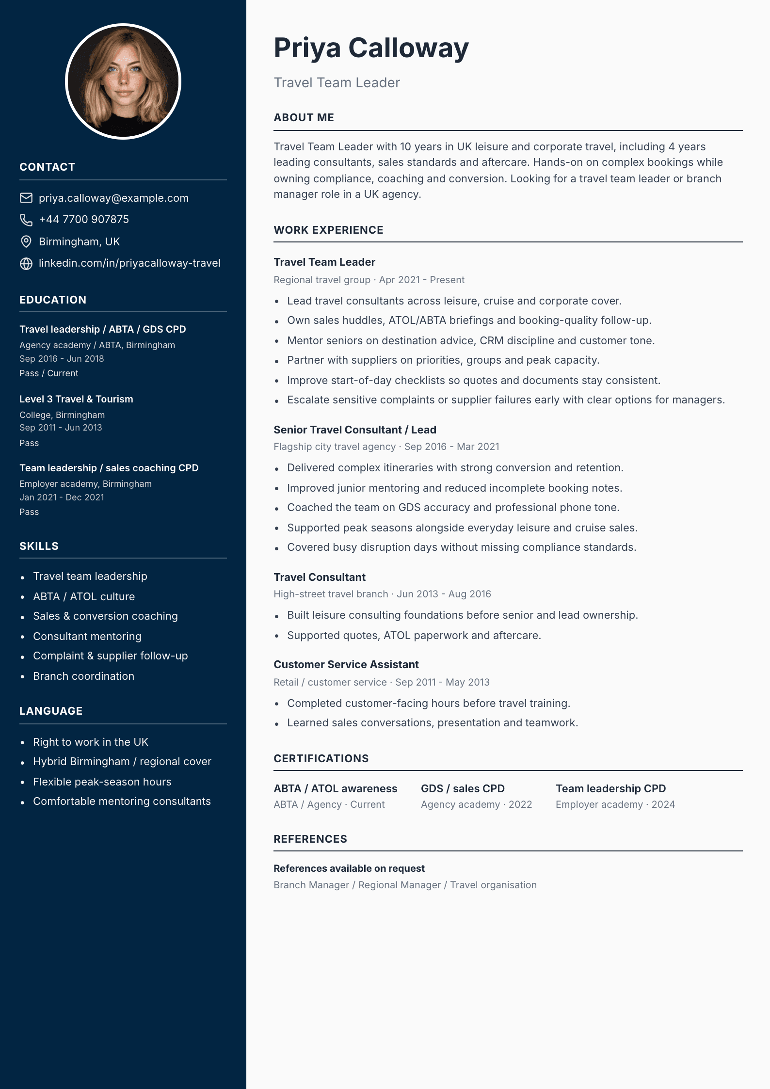Travel team leader CV template