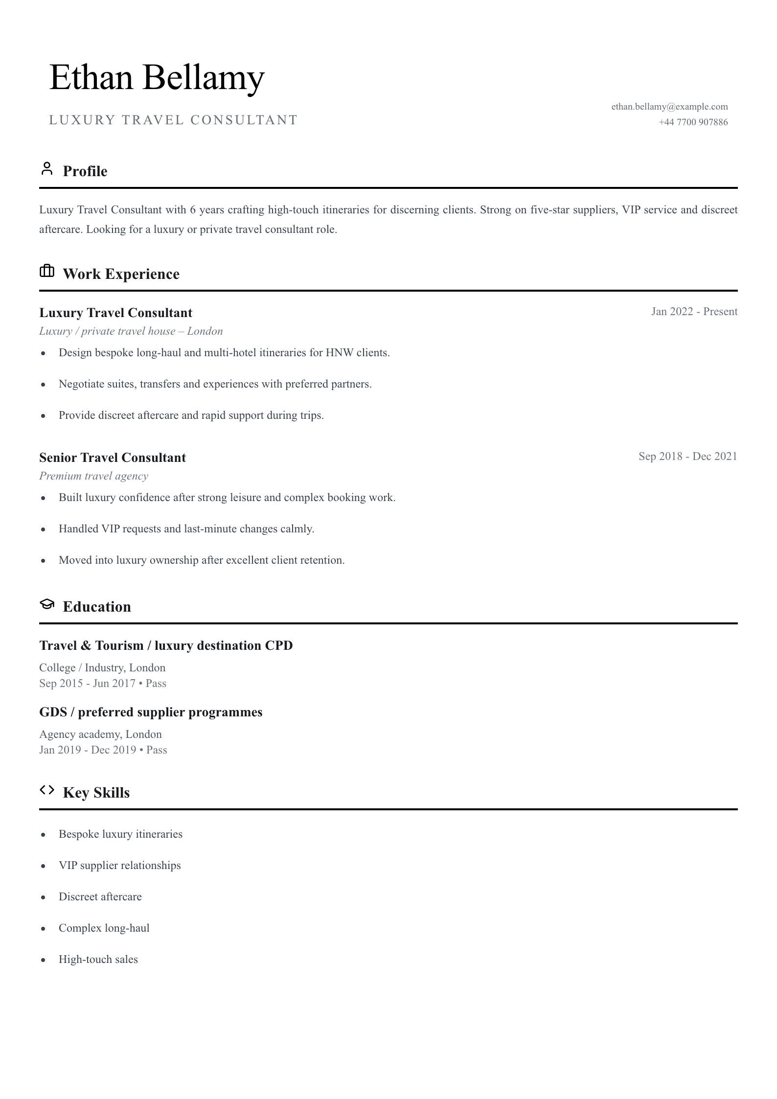 Luxury travel consultant CV template
