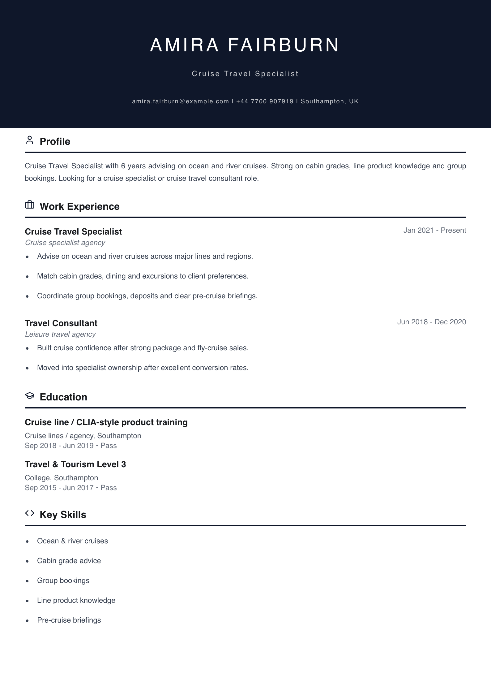 cruise travel specialist CV template