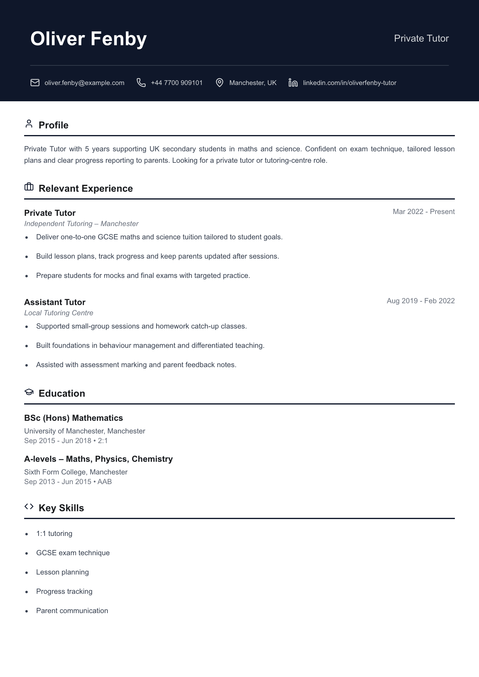 Private tutor CV template