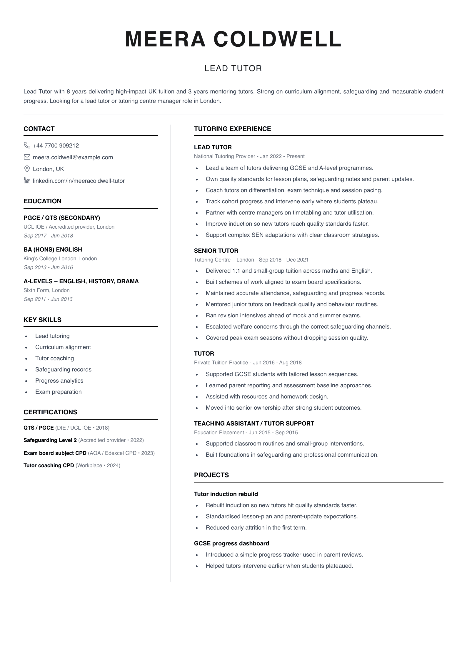 lead tutor CV template