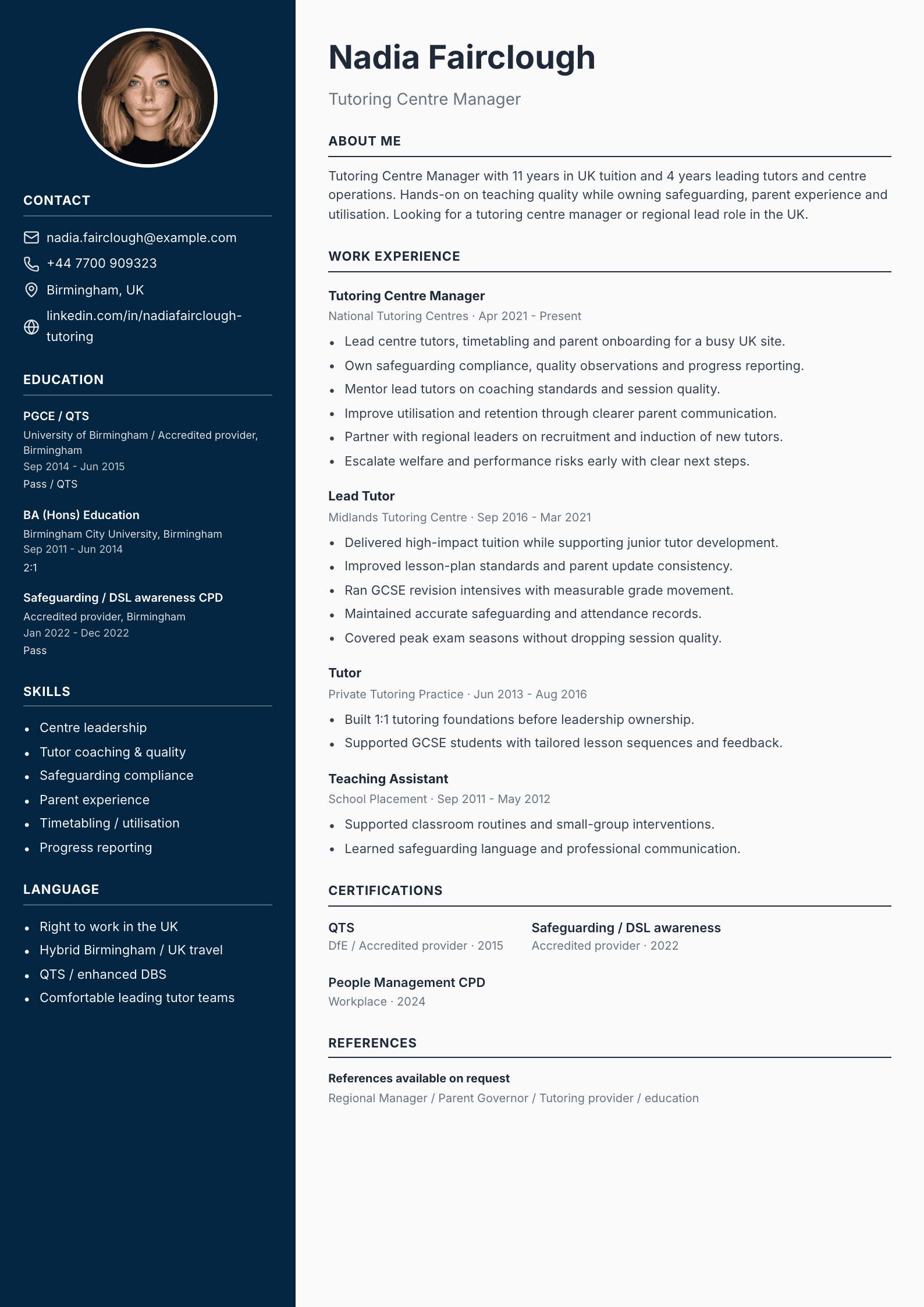 Tutoring centre manager CV template