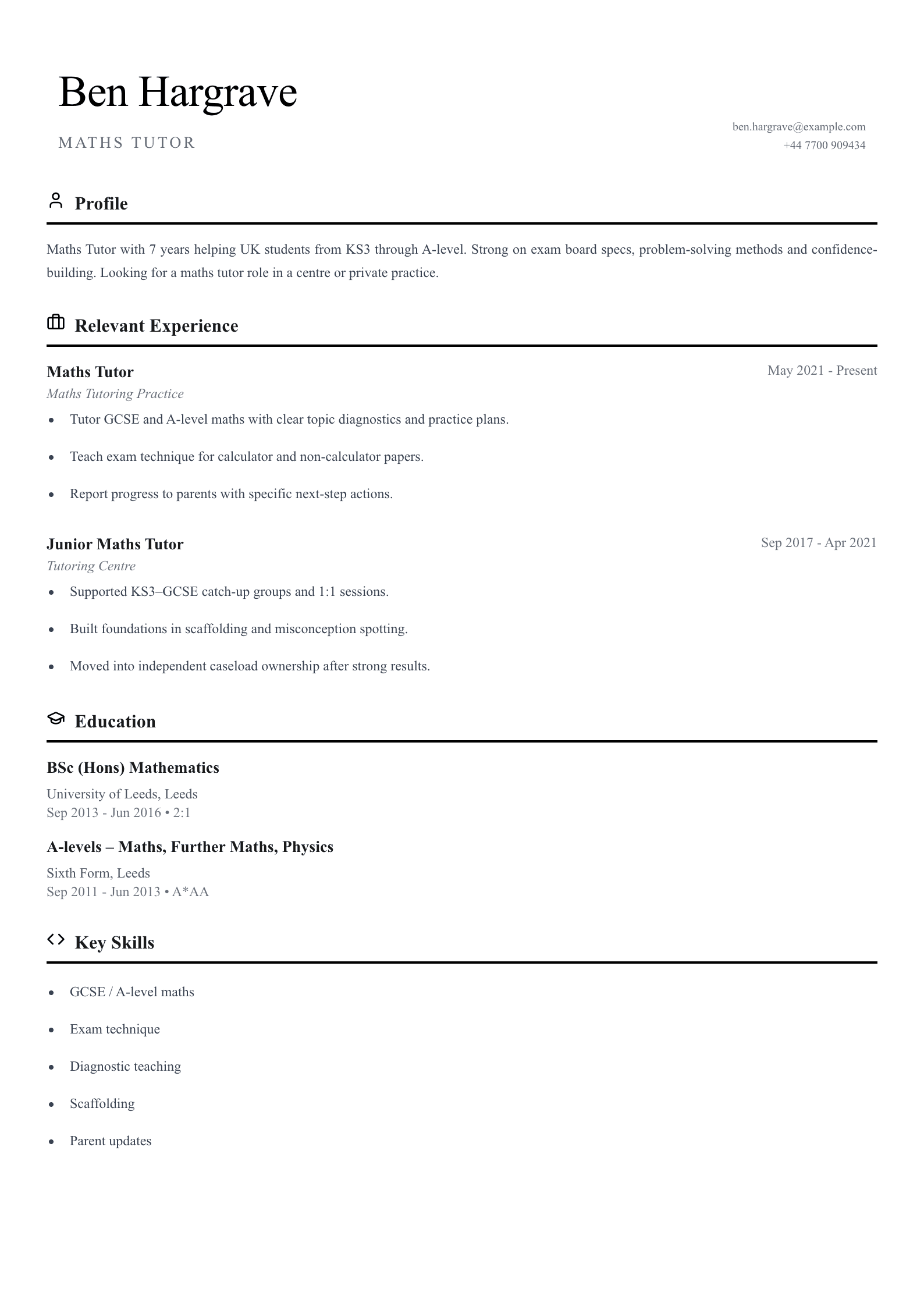 Maths tutor CV template