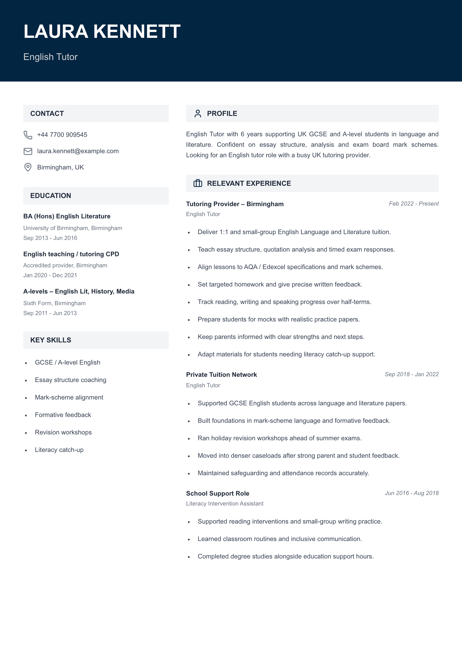 english tutor CV template