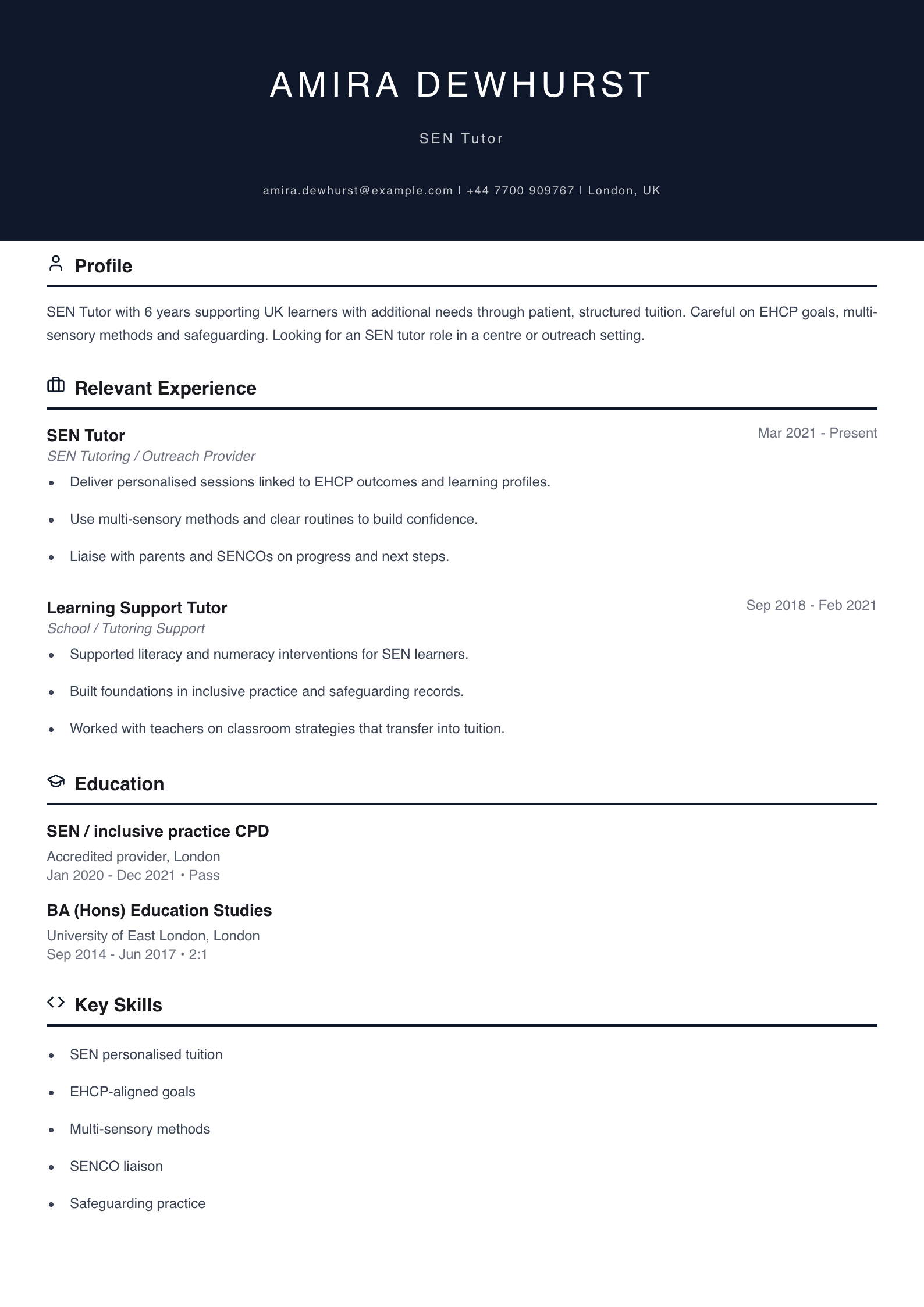 SEN tutor CV template
