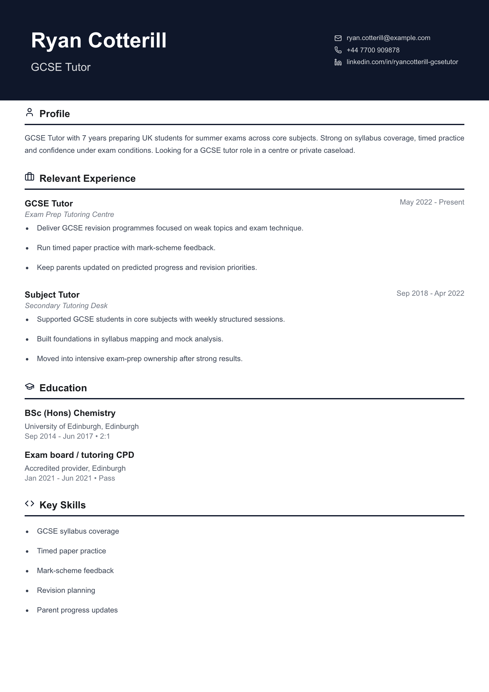 GCSE tutor CV template