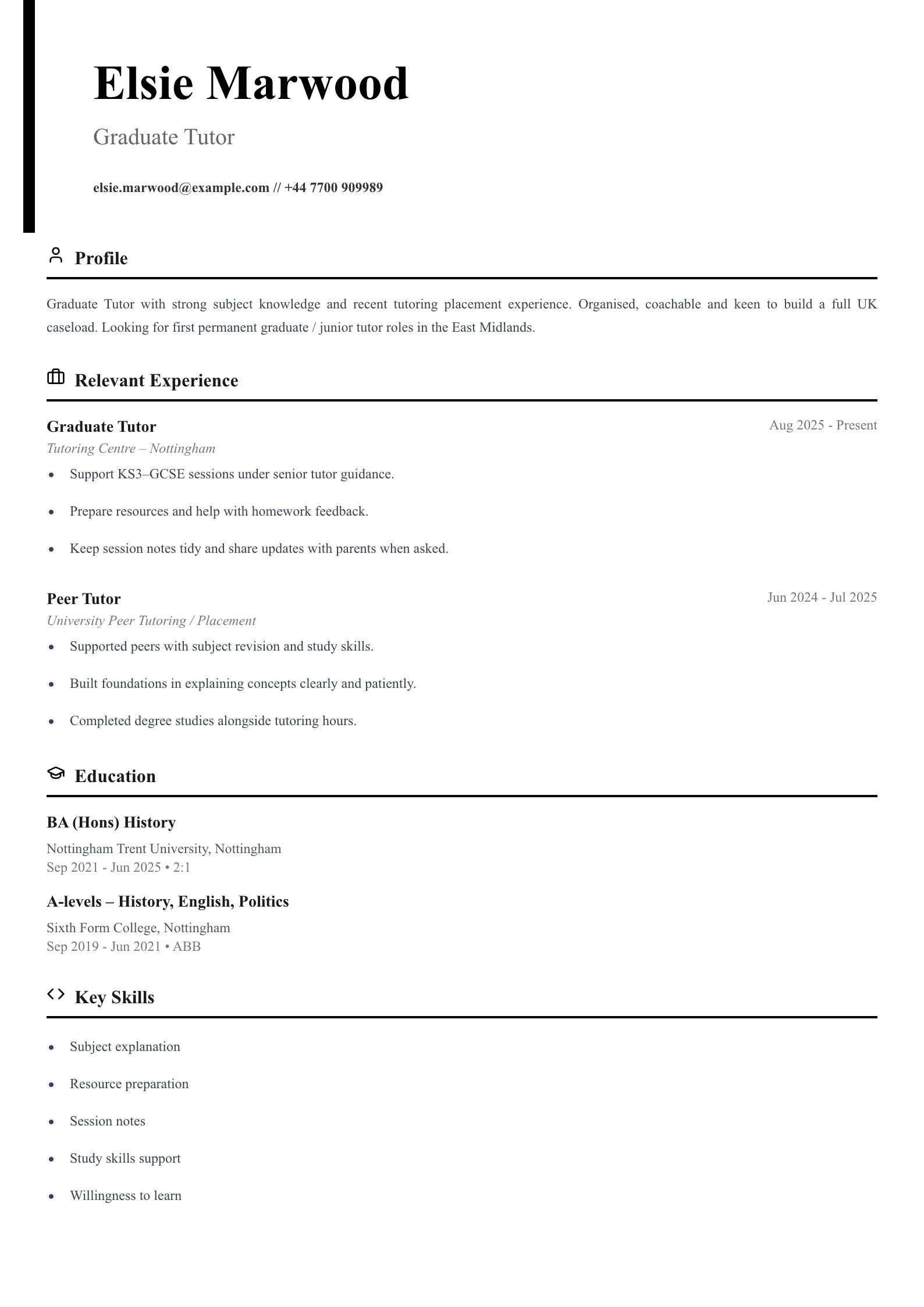 graduate tutor CV template