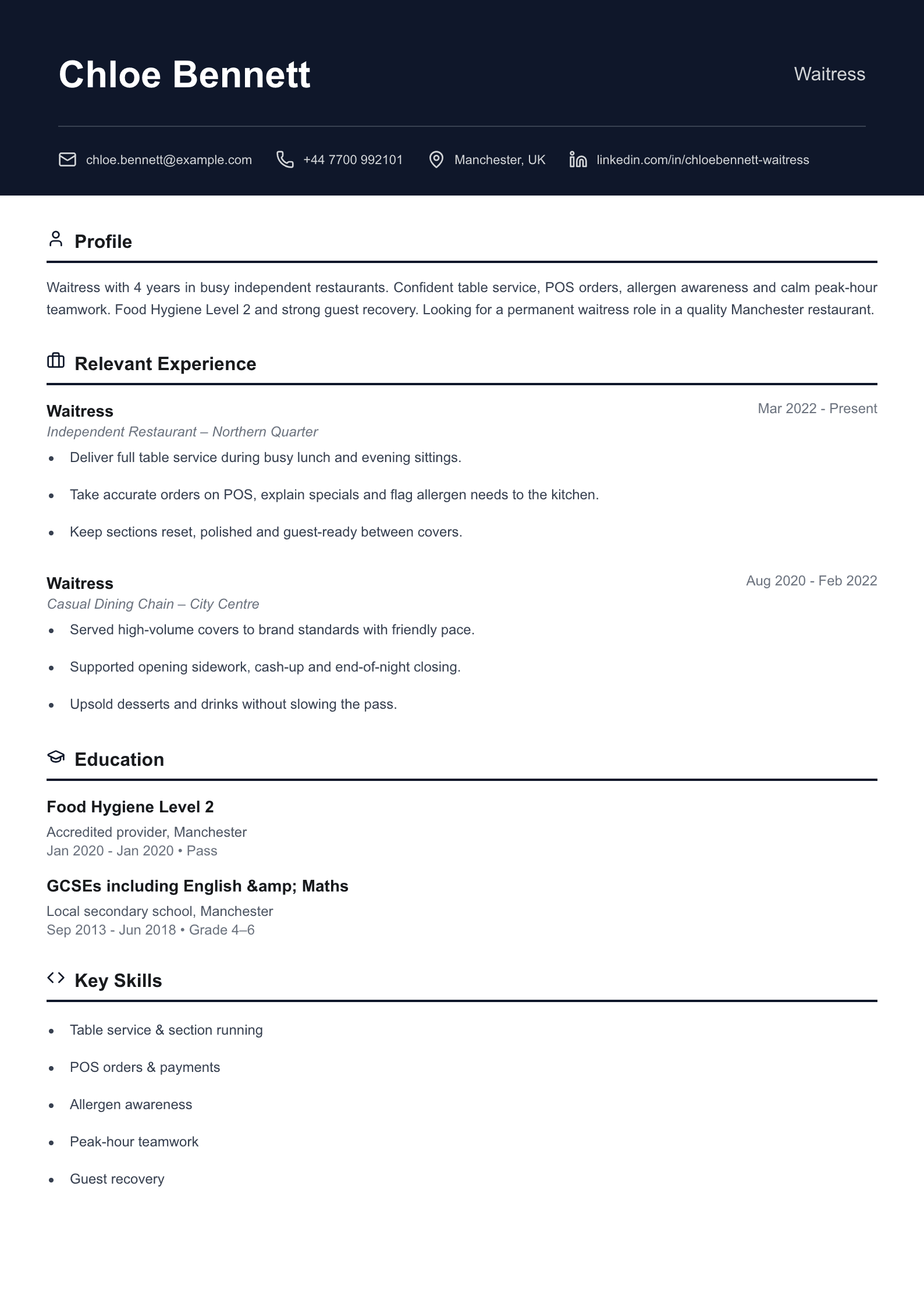 Restaurant waitress CV template