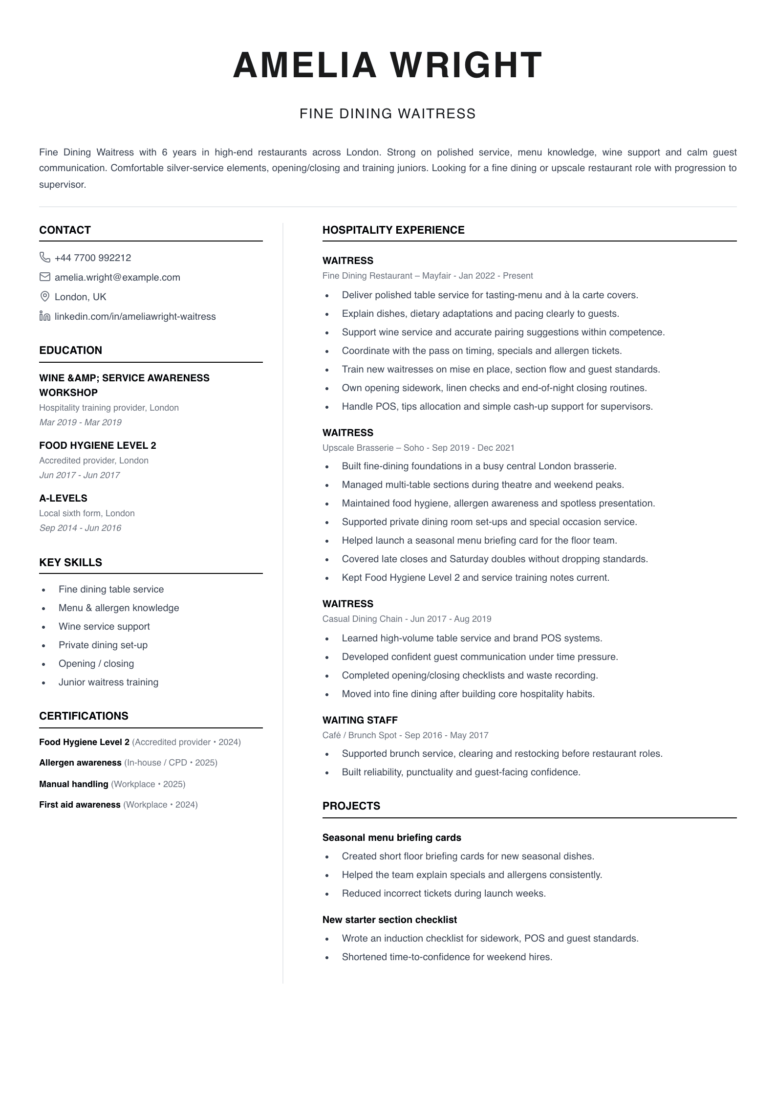 fine dining waitress CV template