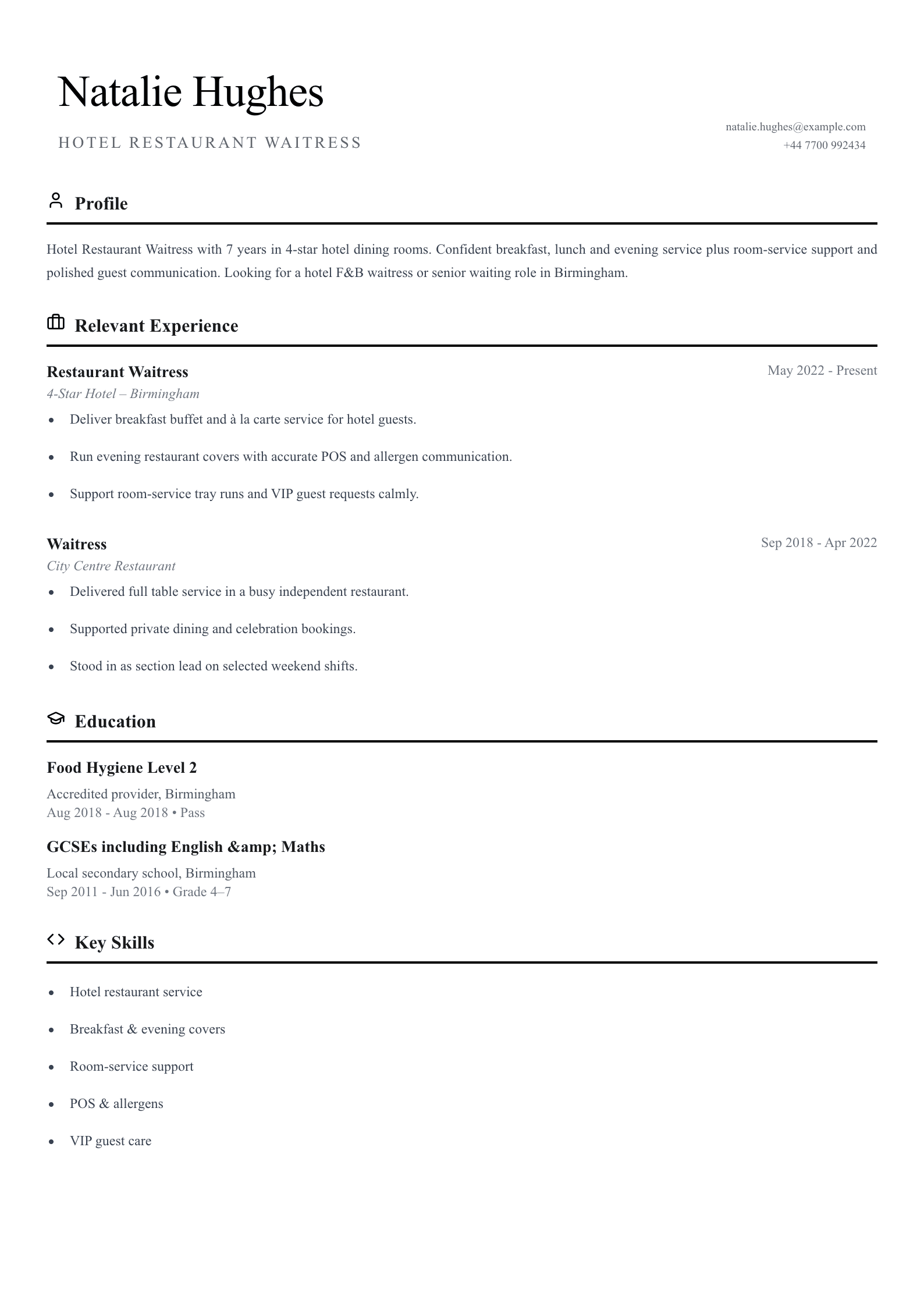 Hotel restaurant waitress CV template