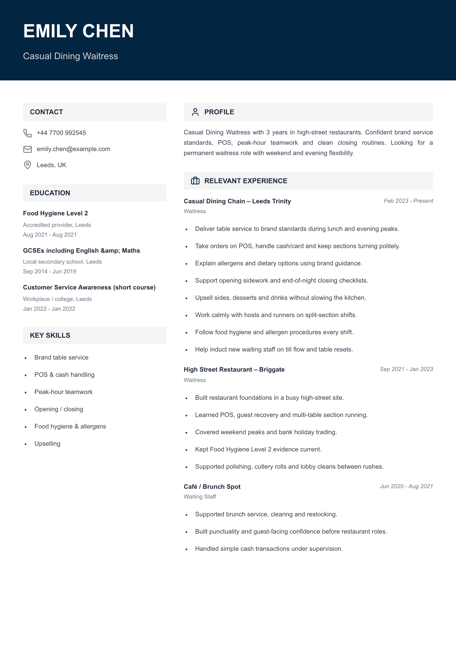 casual dining waitress CV template
