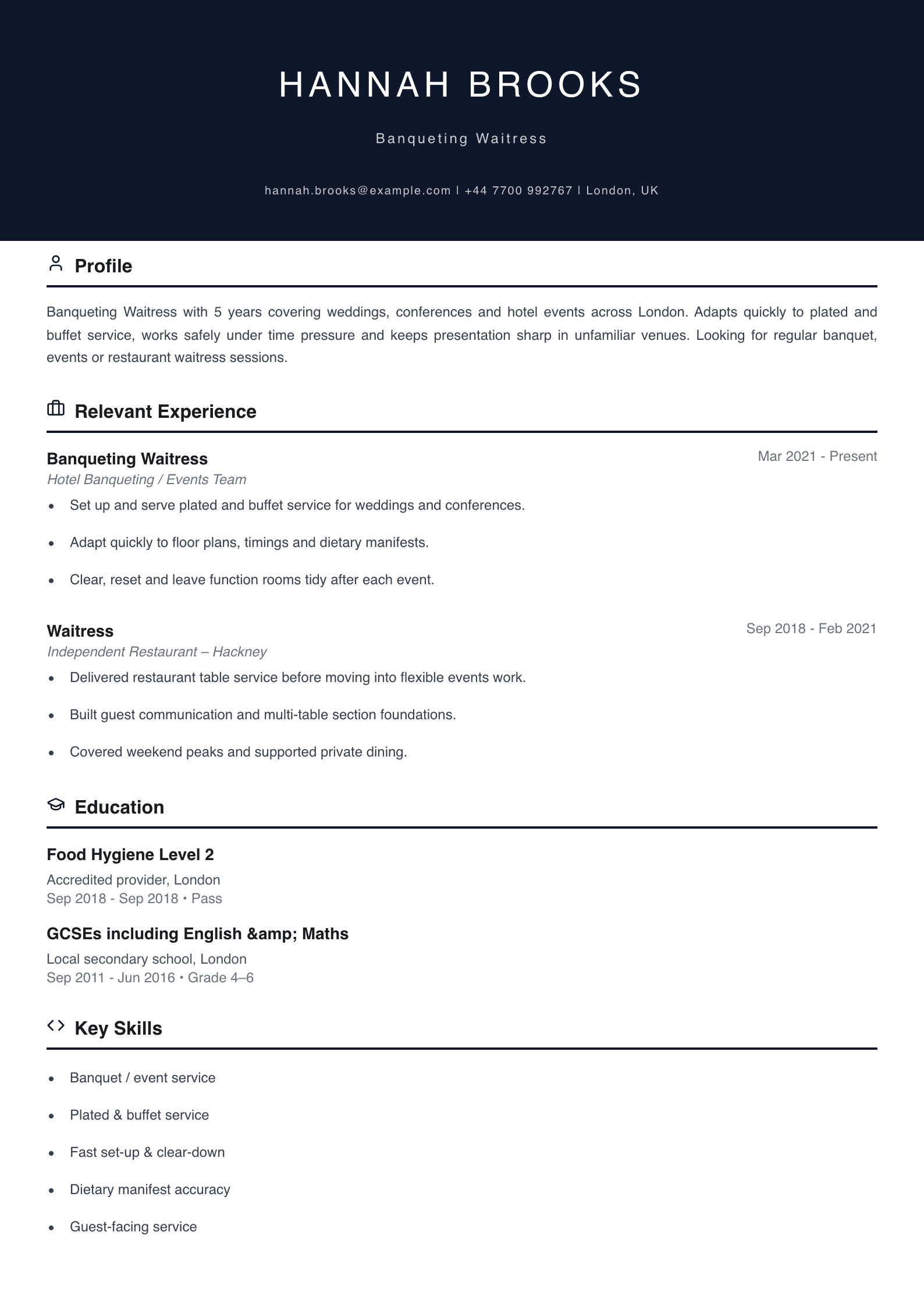 banqueting waitress CV template