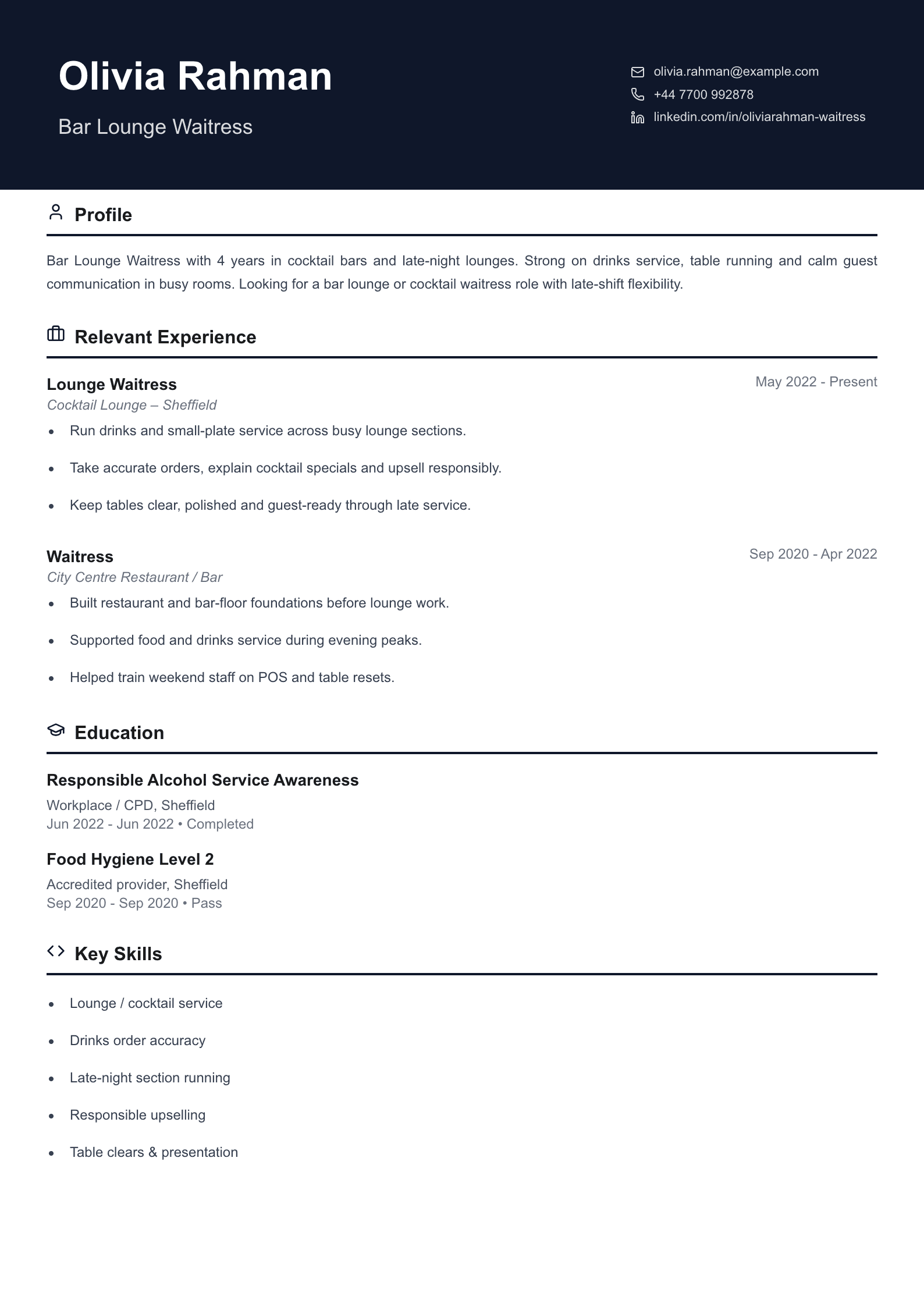 bar lounge waitress CV template