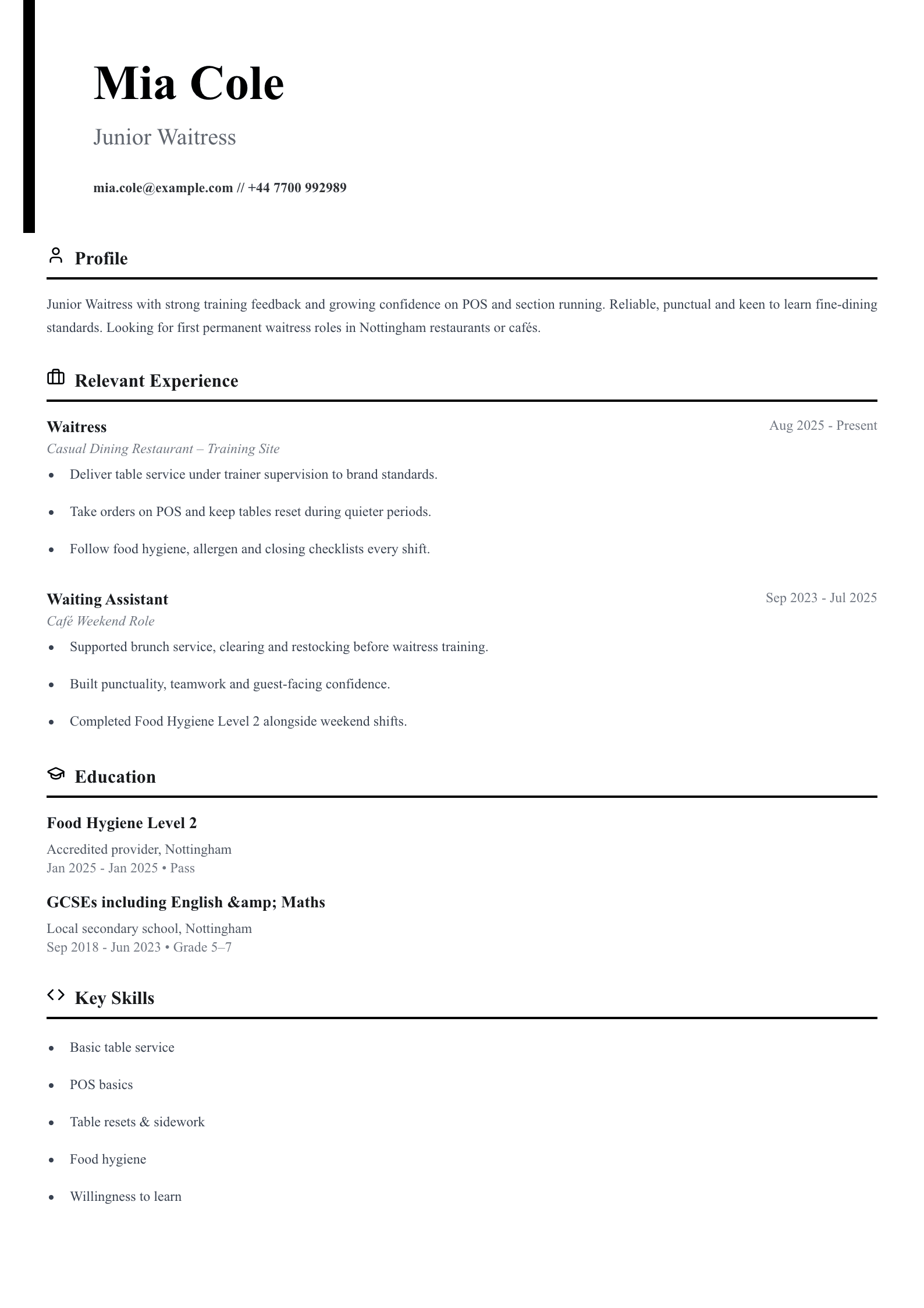 junior waitress CV template
