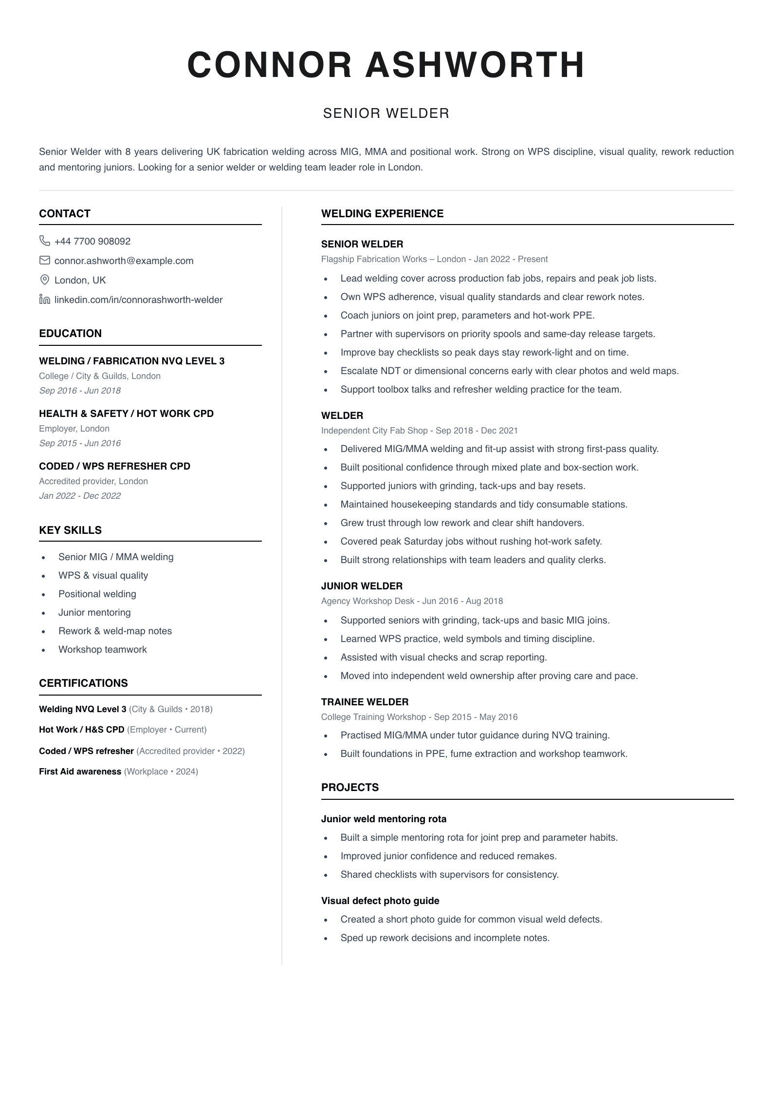 senior welder CV template