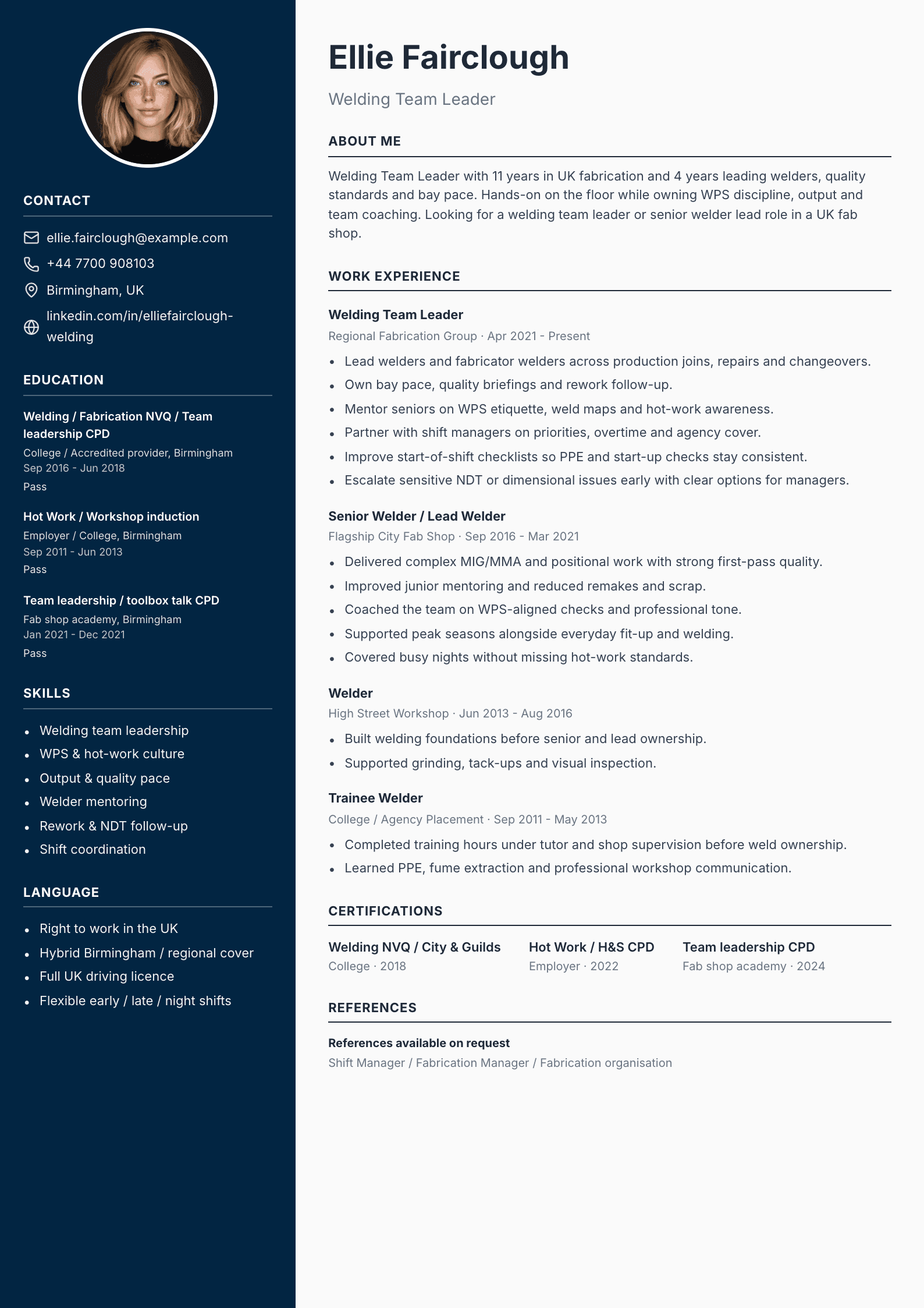Welding team leader CV template