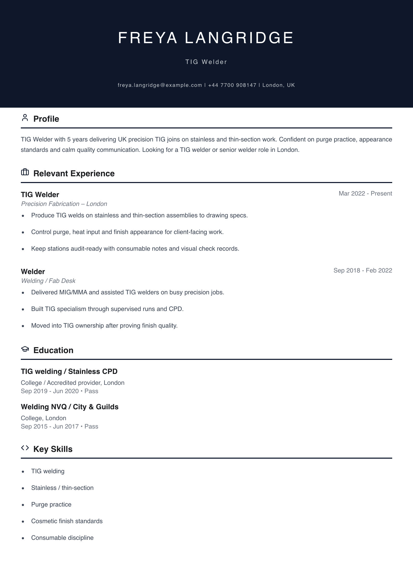 TIG welder CV template