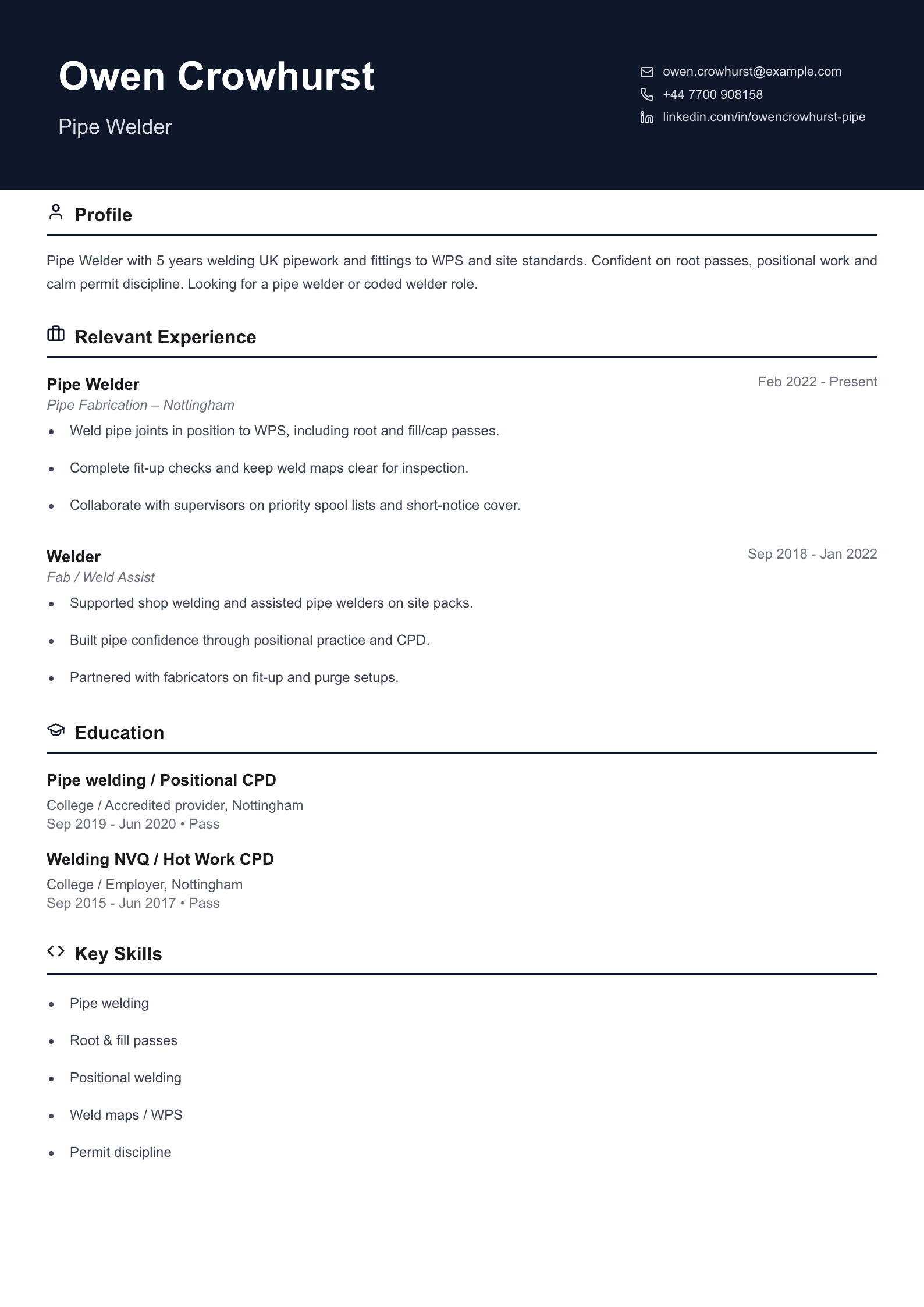 pipe welder CV template
