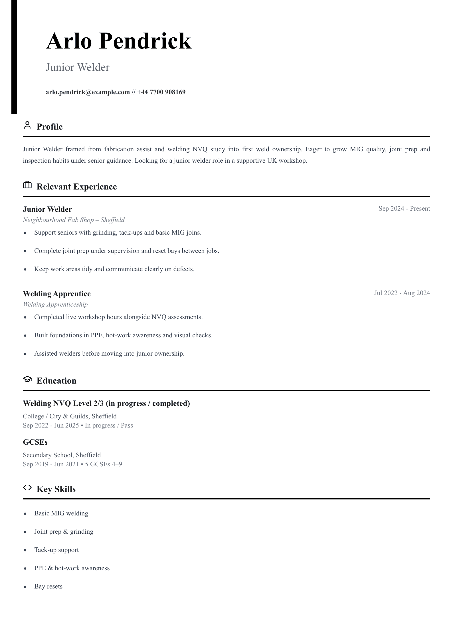 junior welder CV template