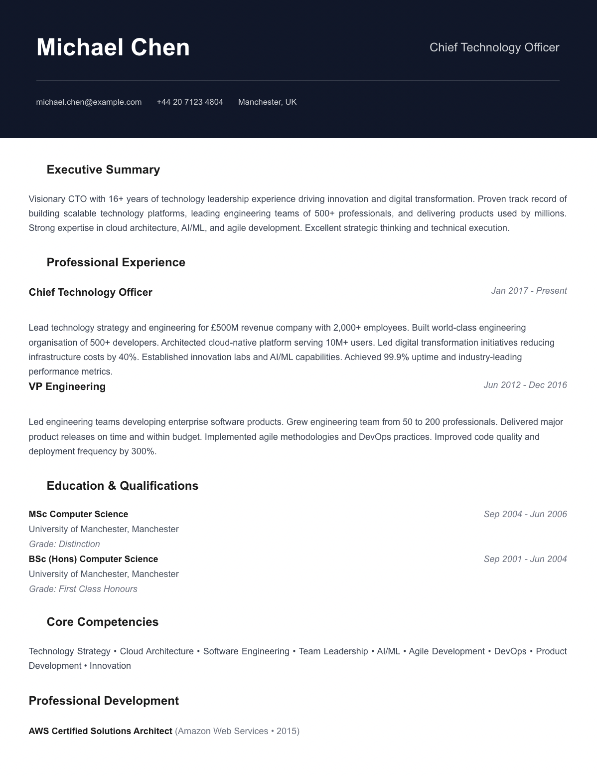 free executive cv template global leader