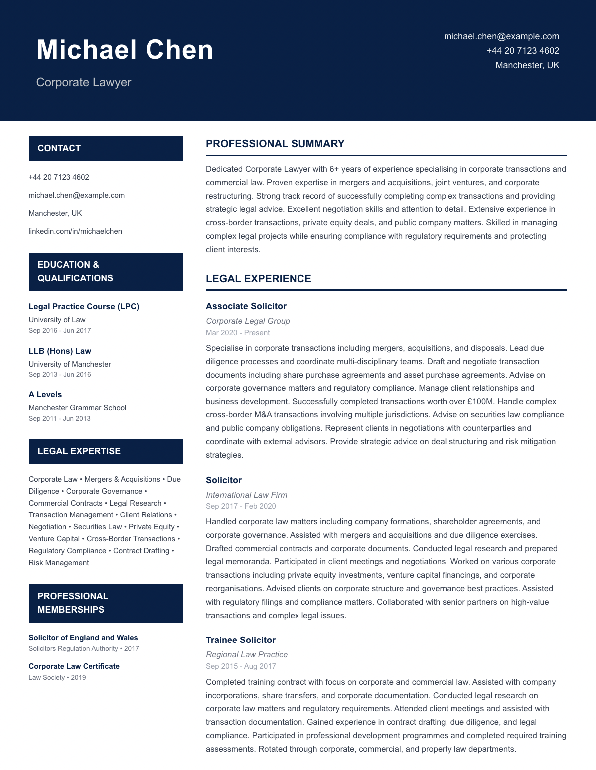 free legal cv template corporate lawyer