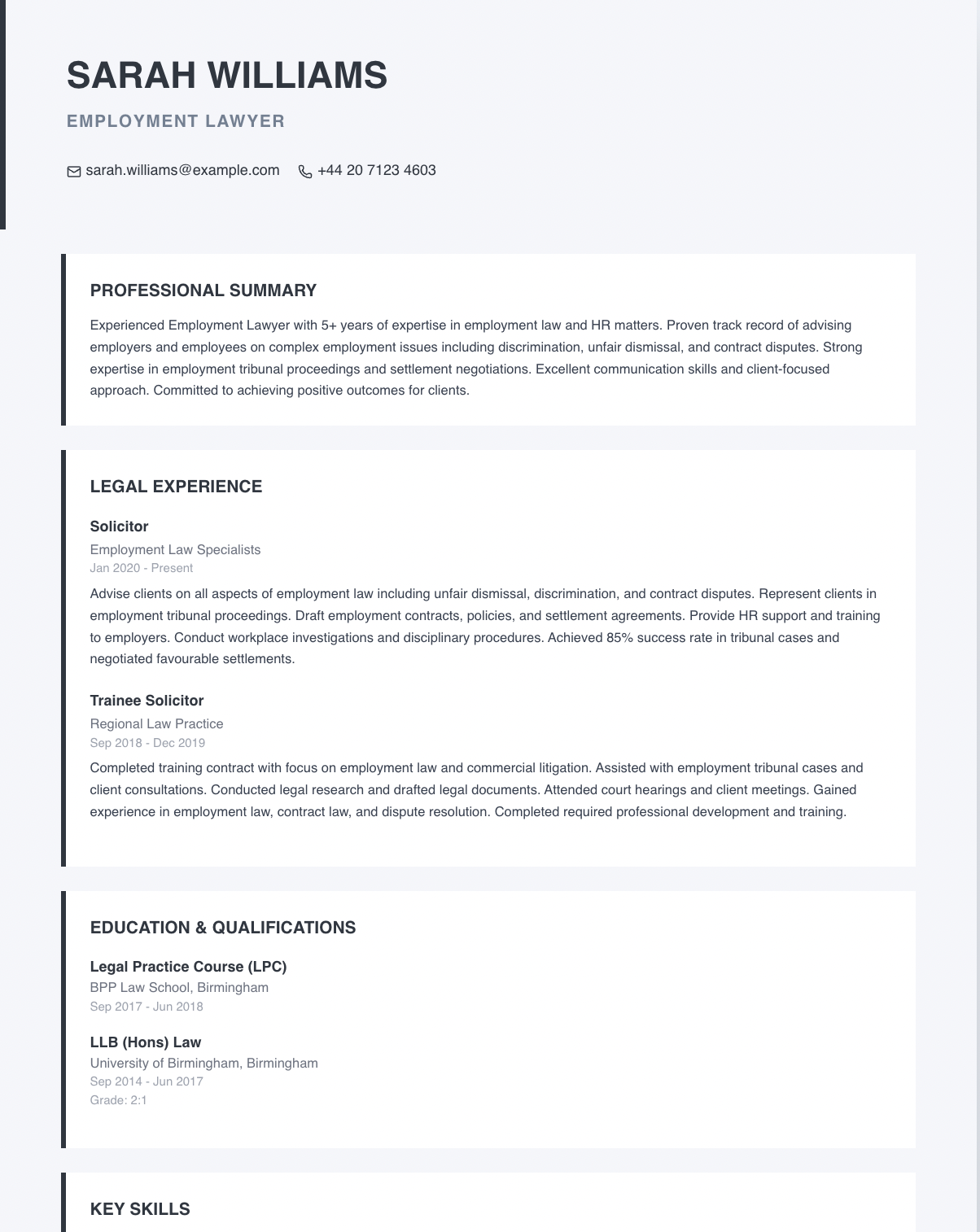 free legal cv template employment specialist