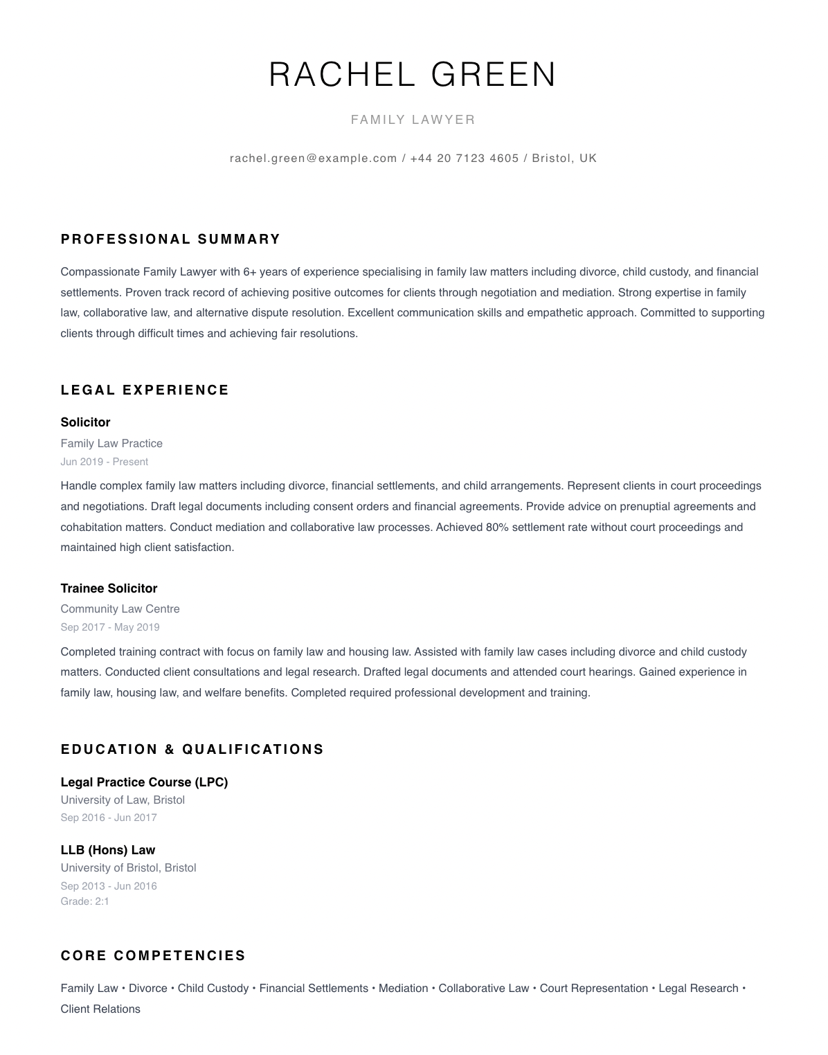free legal cv template family law