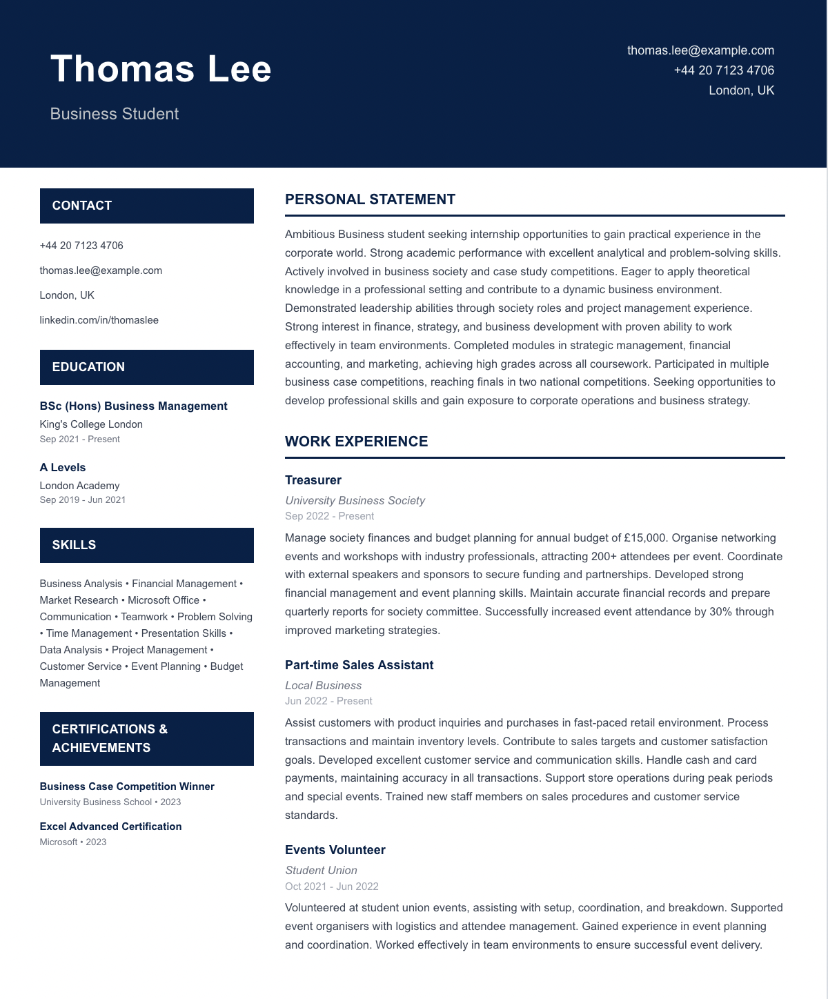 free student cv template internship seeker